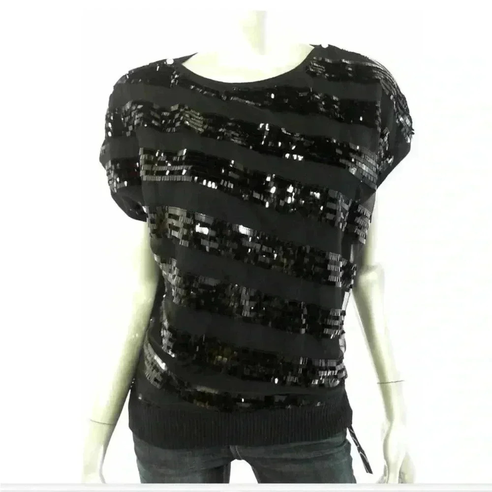 Joseph A Women Top Blouse Shirt L Black  Sequin Knit